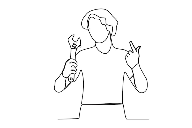 Ein Mann posiert mit einem Schraubenschlüssel. Oneline-Zeichnung zum Weltjugendkompetenztag