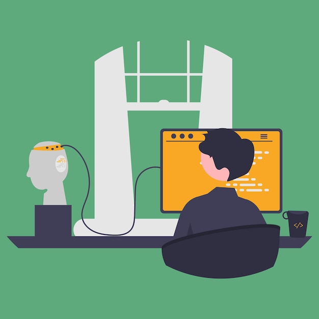 Ein Mann sitzt an einem Computer mit einem Roboterkopf auf dem Bildschirm.