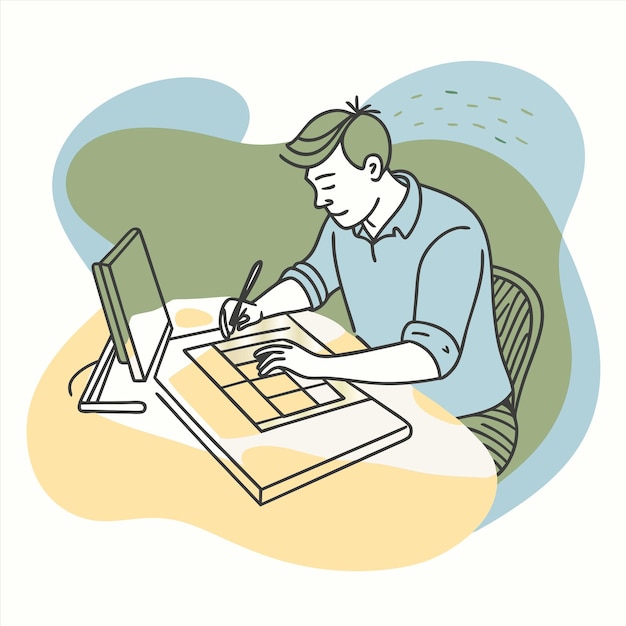 ein Mann sitzt an einem Schreibtisch mit einem Laptop und eine Zeichnung eines Mannes, der daran arbeitet