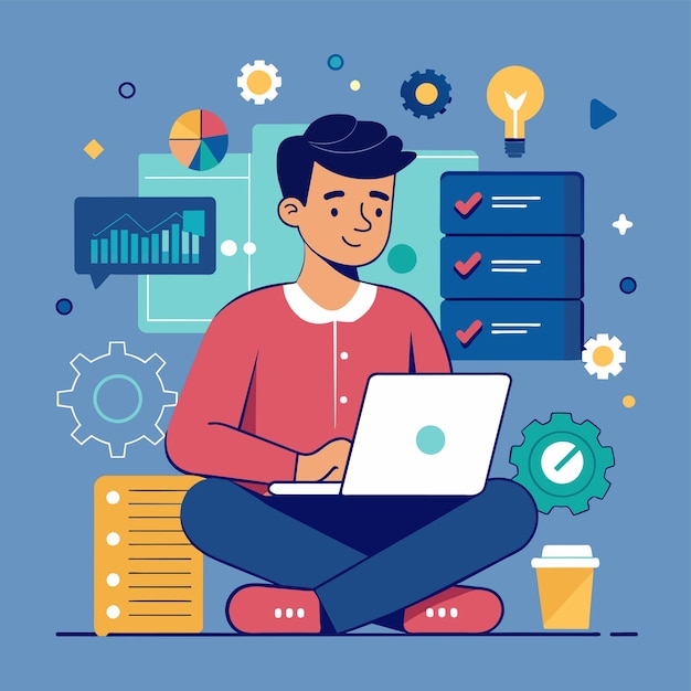 Ein Mann sitzt auf dem Boden und arbeitet an einem Laptop, ein Mann verwaltet Daten auf einem Laptops, einfache und minimalistische flache Vektorillustration.