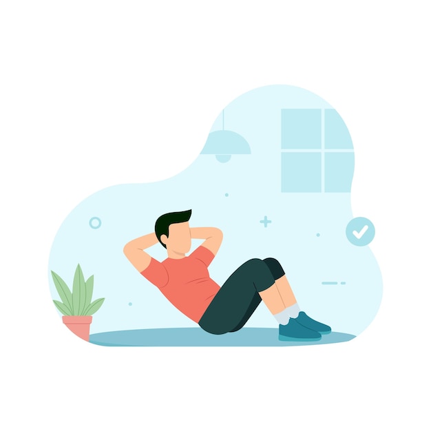 Ein Mann sitzt im Fitnessstudio auf und trainiert sich.