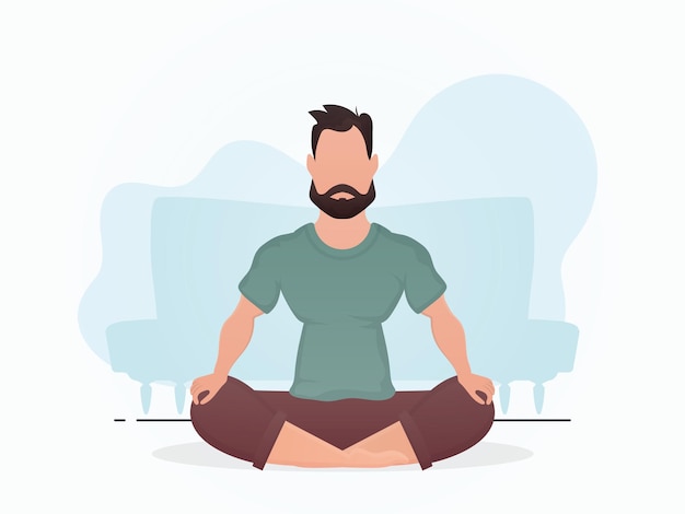 Ein mann sitzt und meditiert im yoga-cartoon-stil