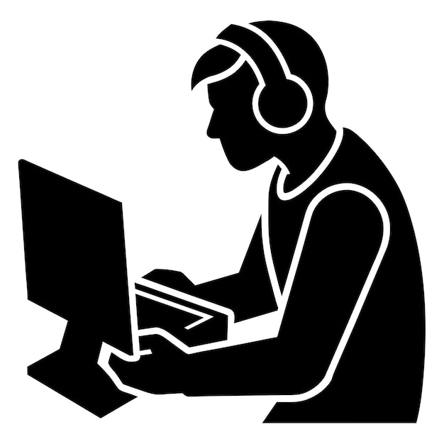 ein Mann sitzt vor einem Computer mit Kopfhörern auf dem Kopf