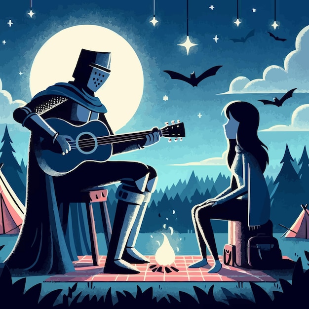 Ein mann spielt gitarre und eine frau sitzt in einem stuhl mit einem mond im hintergrund