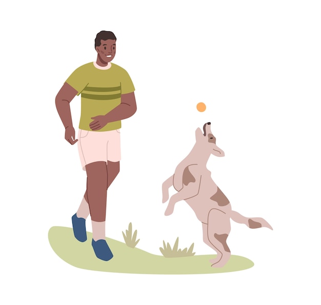 Ein mann spielt mit einem hund mit einem ball auf dem gras