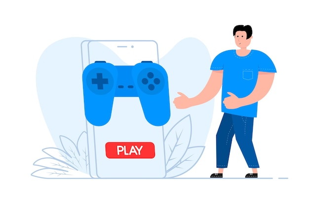 Ein mann steht in der nähe des smartphones auf dem bildschirm game controller playing video game