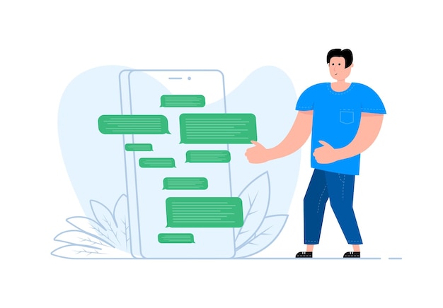 Ein mann steht in der nähe des smartphones auf dem bildschirm messenger-chat nachrichtensprechblasen