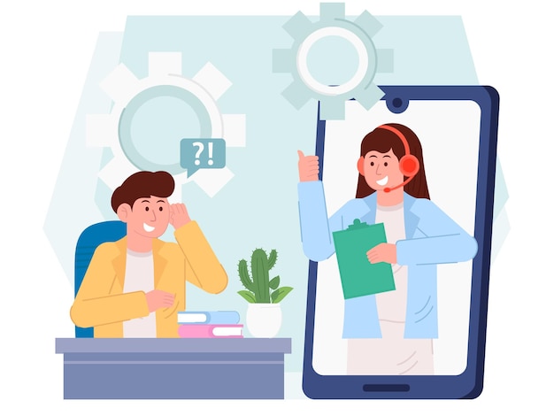 Ein Mann telefoniert mit einer Frau auf der Bildschirm-Kundendienstillustration