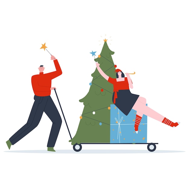 Ein mann trägt einen weihnachtsbaum und ein großes geschenk mit seiner freundin zur party vorbereitung