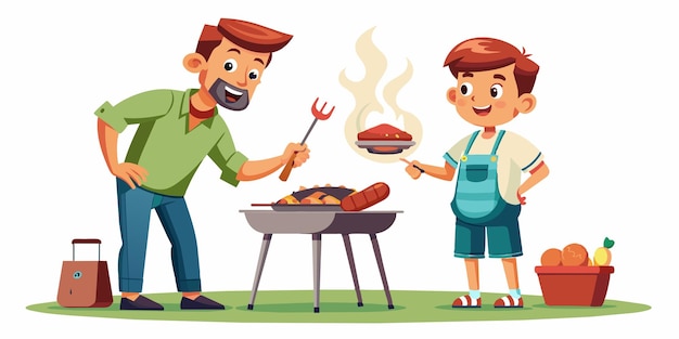 ein Mann und ein Junge kochen auf einem Grill.