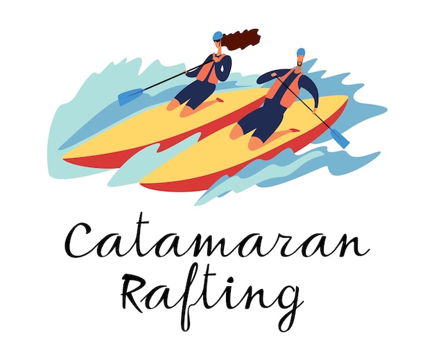 Ein Mann und ein Mädchen raften auf einem Katamaran Die Aufschrift Catamaran Rafting