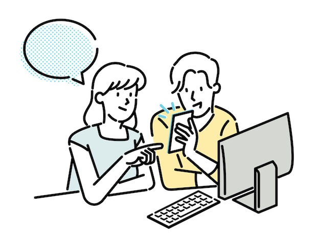 Ein Mann und eine Frau unterhalten sich vor einem Computer mit einer Sprechblase und sagen „Ich liebe dich“.