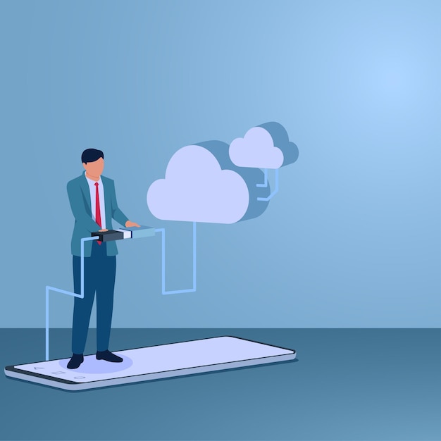 Ein Mann verbindet ein Smartphone mit Cloud-Speicher, eine Illustration für Cloud-Computing