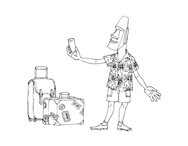 Ein mann von der osterinsel ist unterwegs. moai-statue im hawaiihemd.