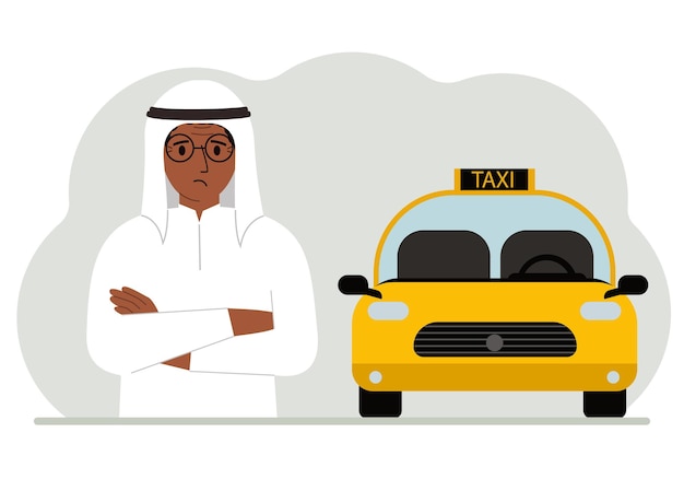 Ein muslimischer Mann mit verschränkten Armen in der Nähe eines gelben Taxiwagens Vektor