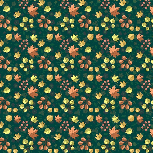 ein Muster aus Herbstblättern und Blumen auf einem grünen Hintergrund