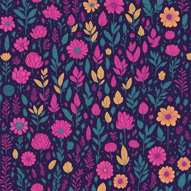 Ein nahtloses Muster mit Blumen und Blättern auf dunklem Hintergrund.