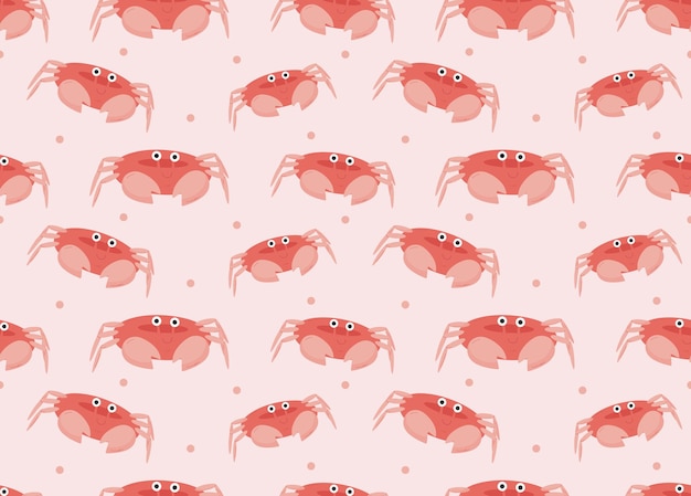 Ein nahtloses muster mit zeichentrickkrabben mit spielerischen ausdrücken auf einem weichen rosa hintergrund
