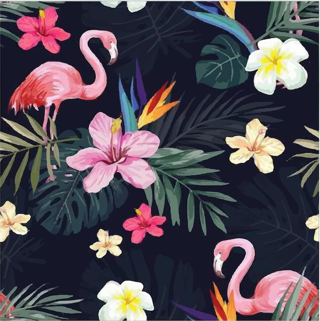 Ein nahtloses tropisches muster mit flamingo-hibiskusblüten und palmblättern