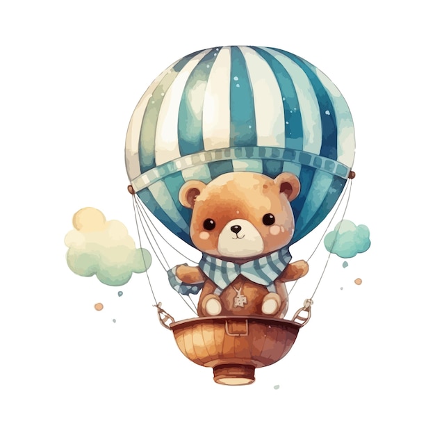 Ein niedlicher Babybär mit Luftballon-Cartoon-Aquarell-weißem Hintergrund