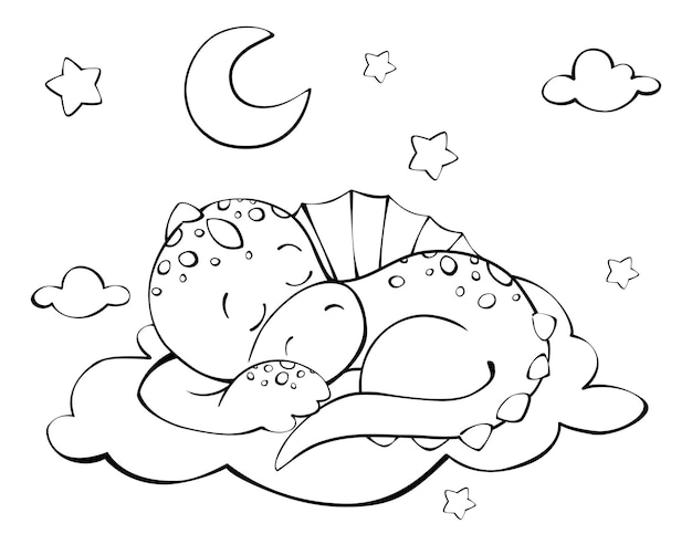 Vektor ein niedlicher dinosaurier schläft auf einer wolke, umgeben von einem mond von sternen. kontur für kinder-farbenbücher.