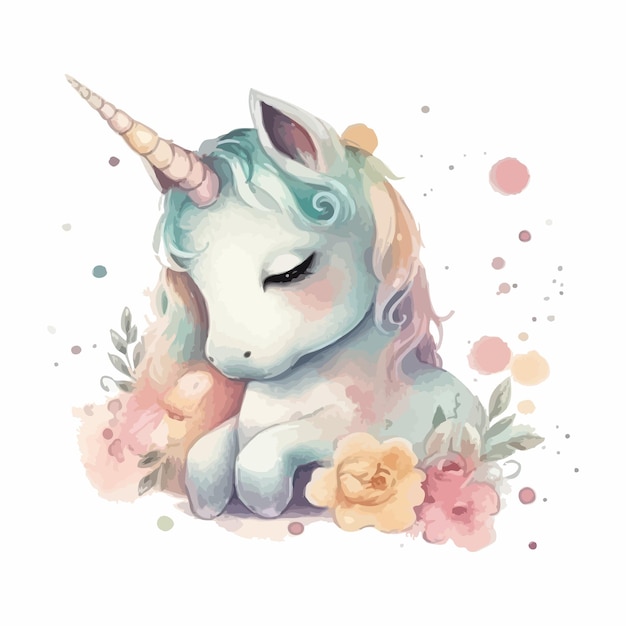 Ein niedlicher einhorn-cartoon-aquarell-weißer hintergrund