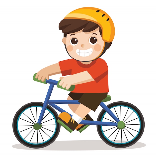 Ein niedlicher Junge, der ein Fahrrad auf einem weißen Hintergrund reitet.