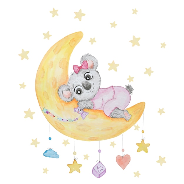 Ein niedlicher Koala schläft auf dem Mond, umgeben von Sternenaquarellillustration
