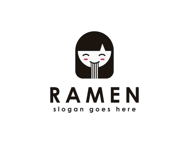 Ein niedliches glückliches mädchen, das nudeln ramen logo vorlage isst