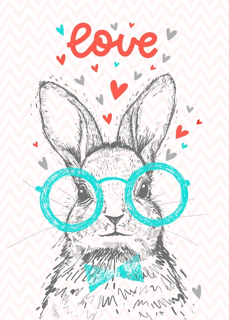 Ein niedliches hipster-kaninchen mit herzen und beschriftung liebe. hand gezeichnetes kaninchen mit gläsern.