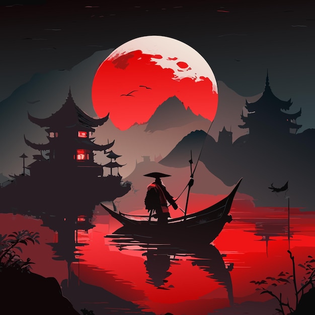 Ein ninja steht in einem boot. illustration chinesischer kultureller kunstwerke