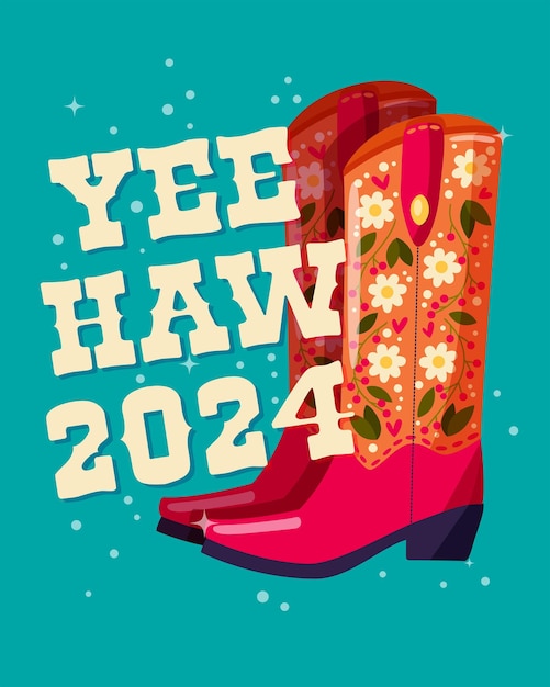 Vektor ein paar cowboystiefel, verziert mit blumen und der handschrift „yeehaw 2024“.