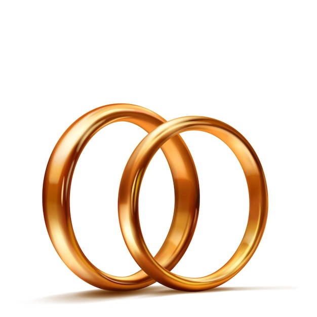 Ein Paar einfache glänzende, polierte Gold-Ehelinge, die nebeneinander platziert sind, symbolisieren Einheit und Liebe mit weichen Schatten auf weißem Hintergrund.