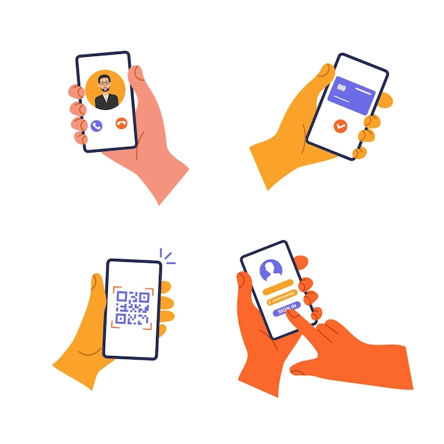 Vektor ein paar hände halten ein handy mit verschiedenen apps, kontaktlose zahlung, videoanruf, qr-code