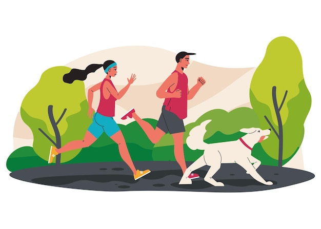 Ein Paar joggt mit seinem Hund im Park