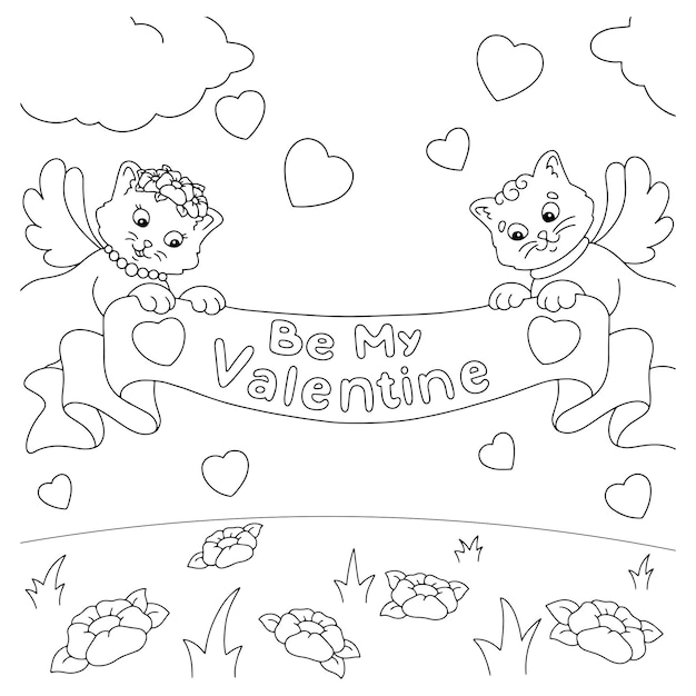 Ein paar Katzen halten ein Glückwunschband in der Hand. Malbuchseite für Kinder zum Valentinstag. Zeichentrickfigur