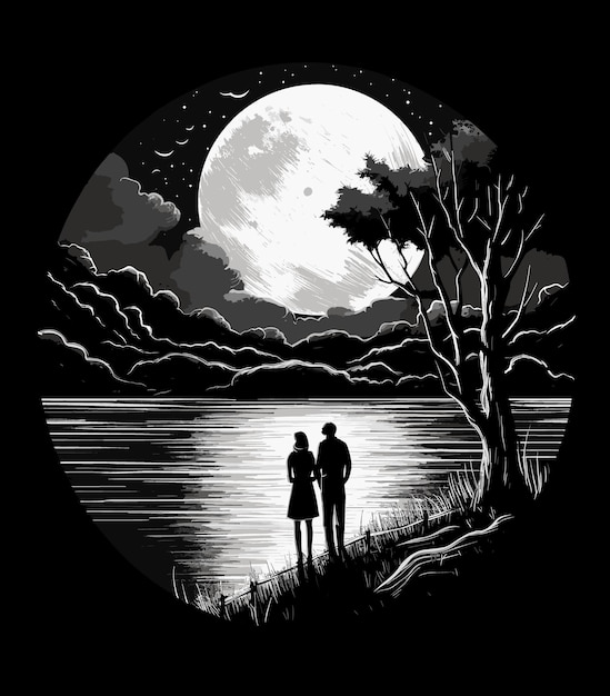 ein Paar steht neben einem See mit dem Mond im Hintergrund