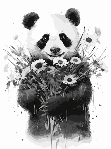 Vektor ein panda mit blumen und ein panda-bär mit blumen