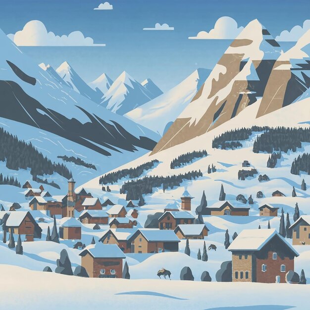 Vektor ein panoramablick auf ein schneebedecktes dorf illustration flat design