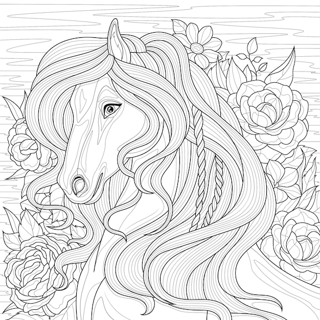 Ein pferd in blumenmalbuch antistress für kinder und erwachsene illustration isoliert auf weißem hintergrundzentangle-stil hand zeichnen