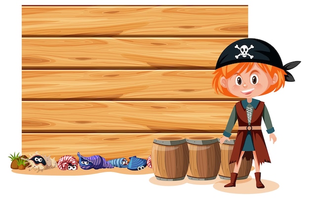 Ein Piratenmädchen mit einem leeren Banner auf weißem Hintergrund