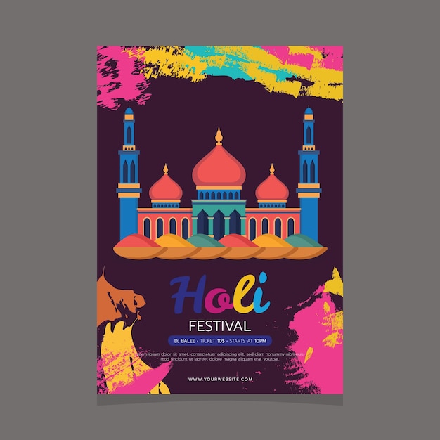 Ein plakat für das holi-fest mit einer moschee im hintergrund.