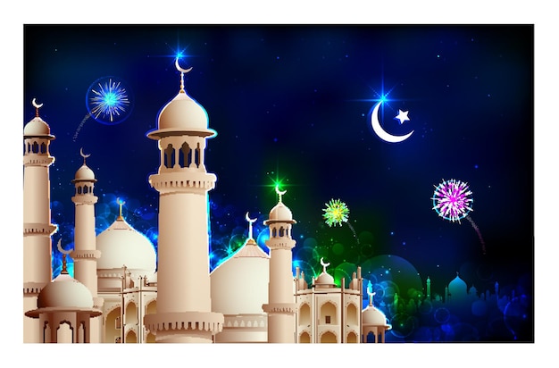 Ein plakat für die feier des ramadan mit einer moschee und einem feuerwerk.