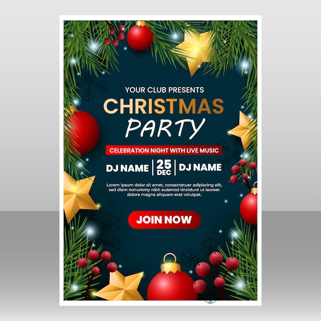 ein Plakat für eine Weihnachtsfeier mit einer Weihnachtenfeier oben