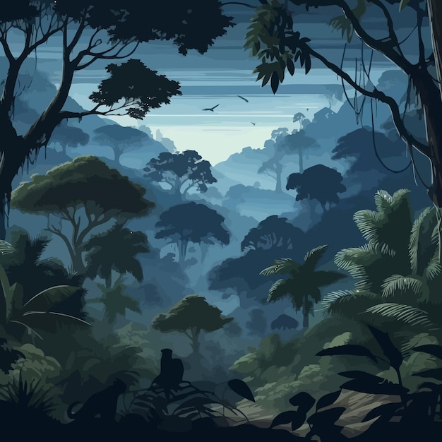 ein Plakat für einen Wald mit einem Sonnenuntergang und einen Wald mit Bäumen und einem Sonnenundergang im Hintergrund