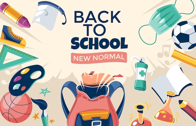 ein Plakat mit dem Satz "Zurück zur Schule" mit einem Bild von einem Rucksack und einem Ructsack