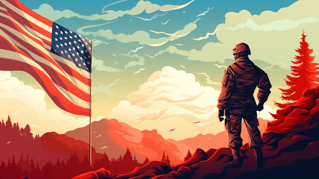 Vektor ein plakat mit einem soldaten an der spitze und einer flagge mit dem satz krieg