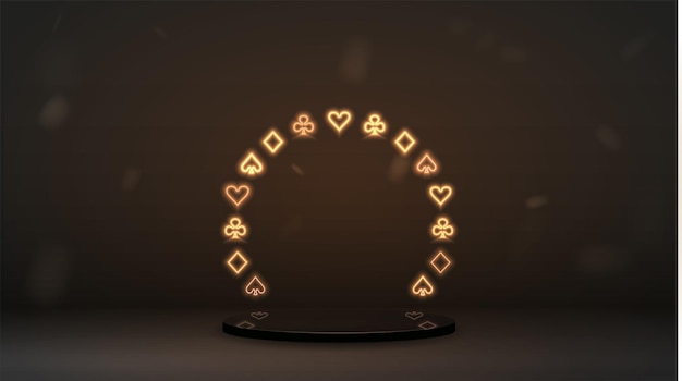 Ein Podium für ein Casino mit Pokerkartenanzügen in Goldfarbe auf schwarzem Hintergrund