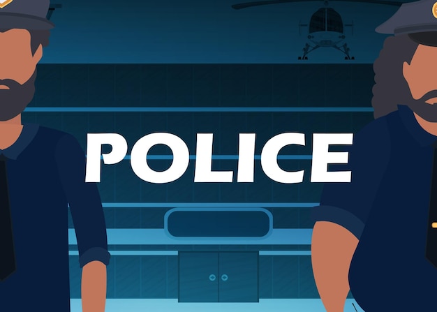 Vektor ein polizist in einer kugelsicheren weste vor einer polizeistation square banner cartoon-stil