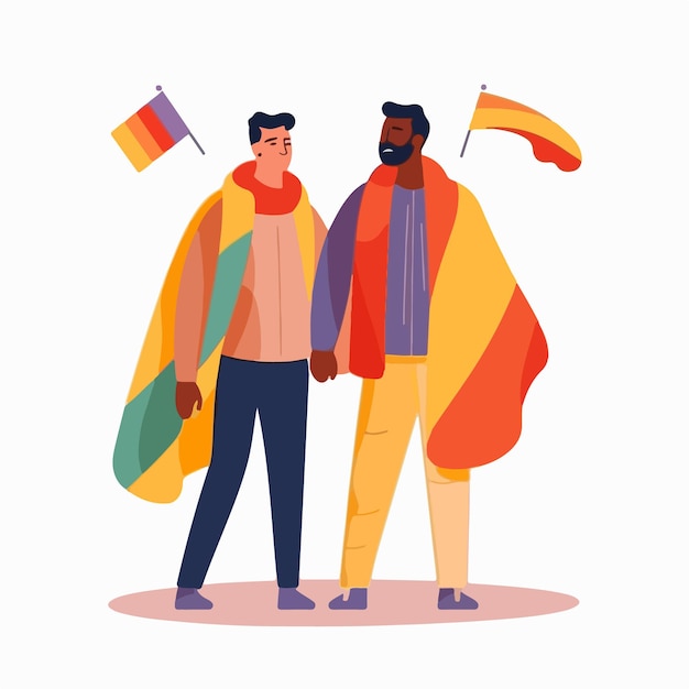 Vektor ein porträt eines schwulen paares mit einer regenbogenfahne. das konzept von lgbtq. illustration eines paares